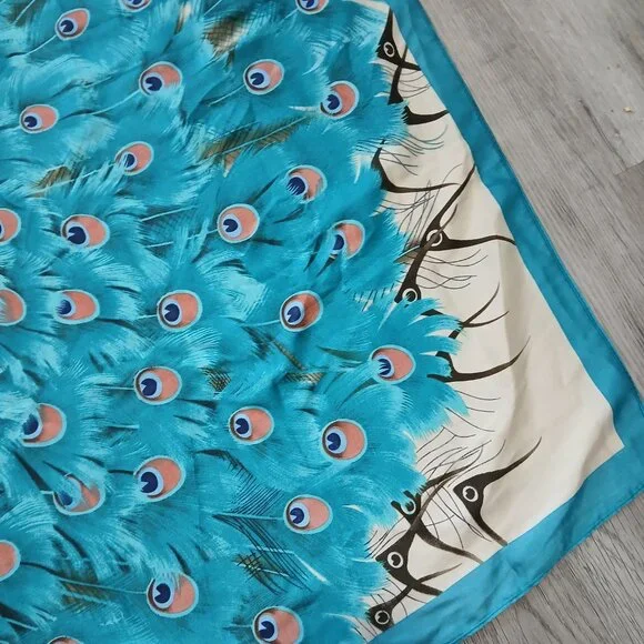 Super Large Teal Peacock and Cherry Blossom Scarf Wrap - Picture 3 of 9